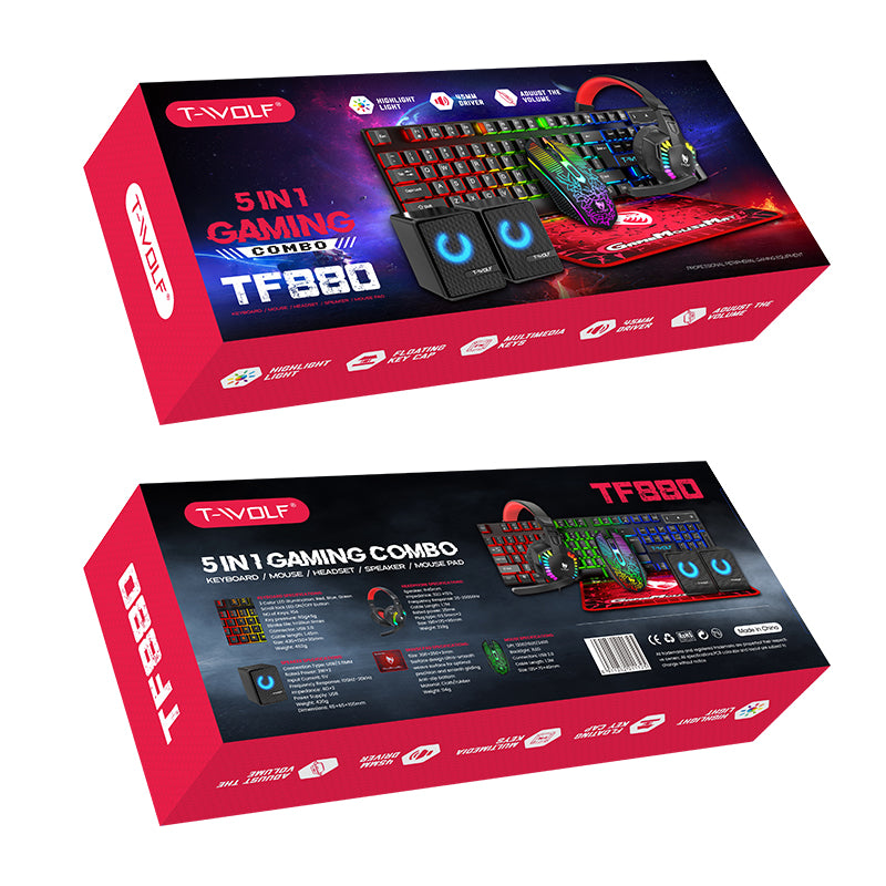 Ensemble de clavier, souris, tapis de souris, casque et haut-parleurs filaires -WOLF TF880 5 en 1.